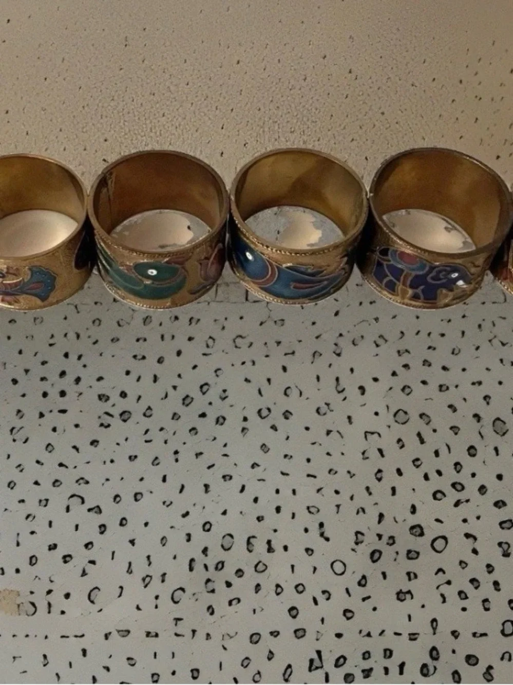 VTG Enamel And Copper Cloisonné Napkin Rings Set Of 6 Birds Fish Elephant Floral